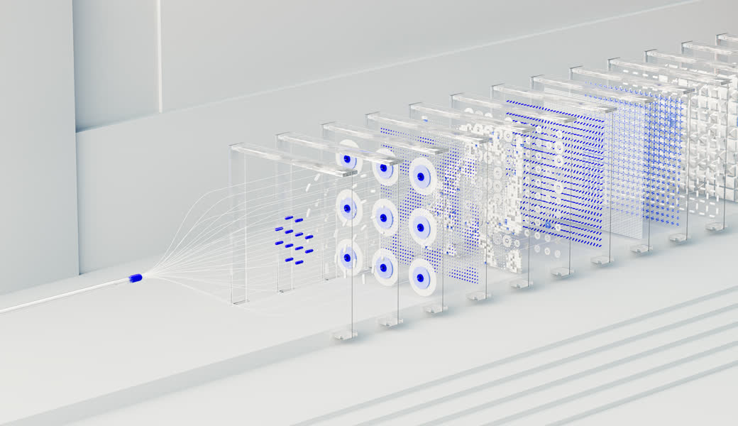 Layered neural-network model rendered as stacked panels of nodes